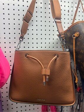 Calvin Klein Tan Pebbled Leather Drawstring Shoulder Bag